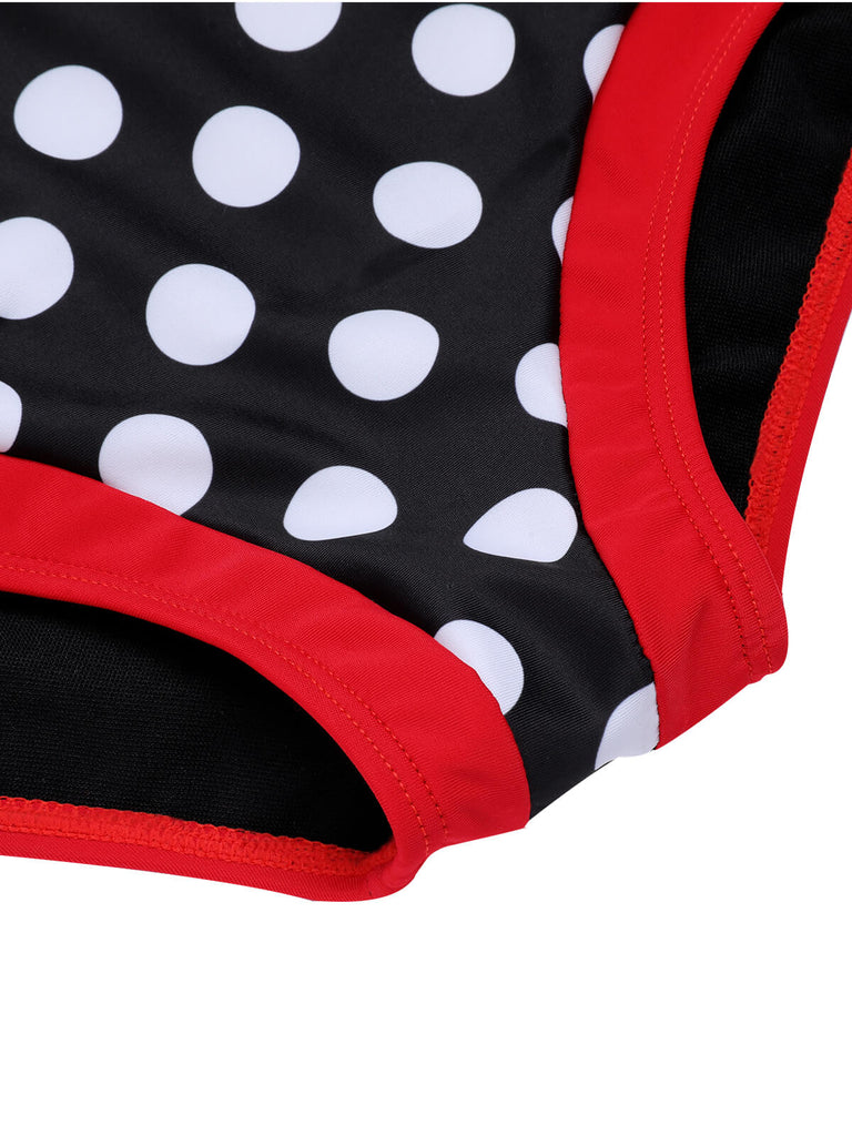 Costumi intero pois scollo all'americana nero e rosso anni '50