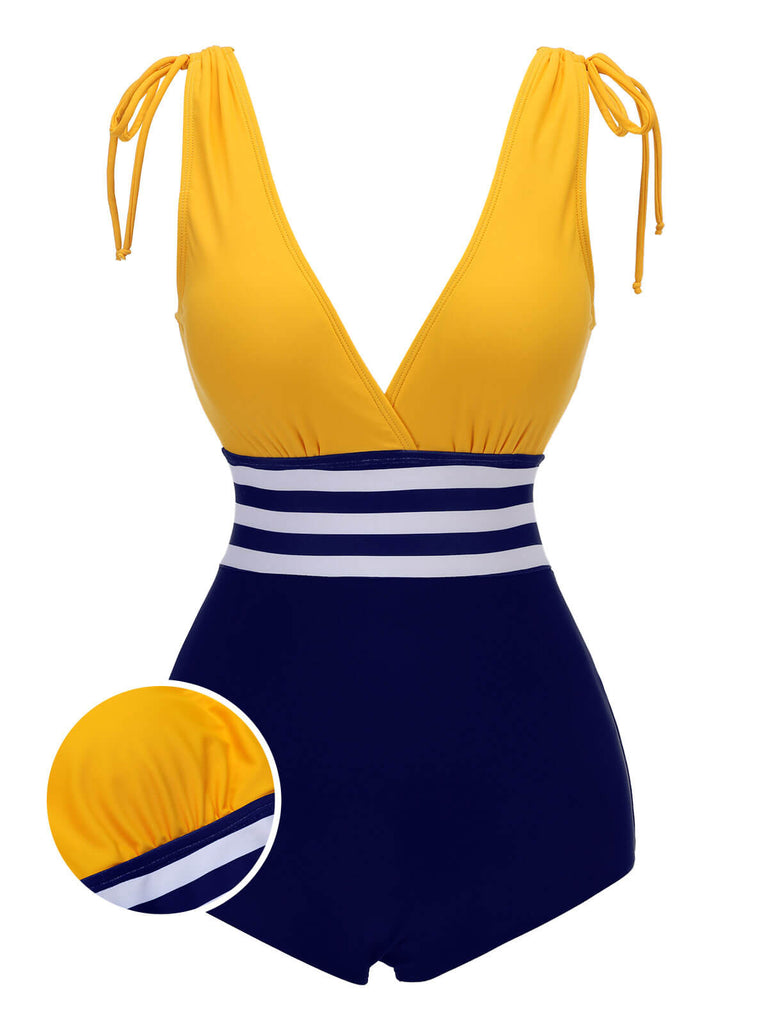 Costume da bagno intero lacci a righe gialle e blu anni '50