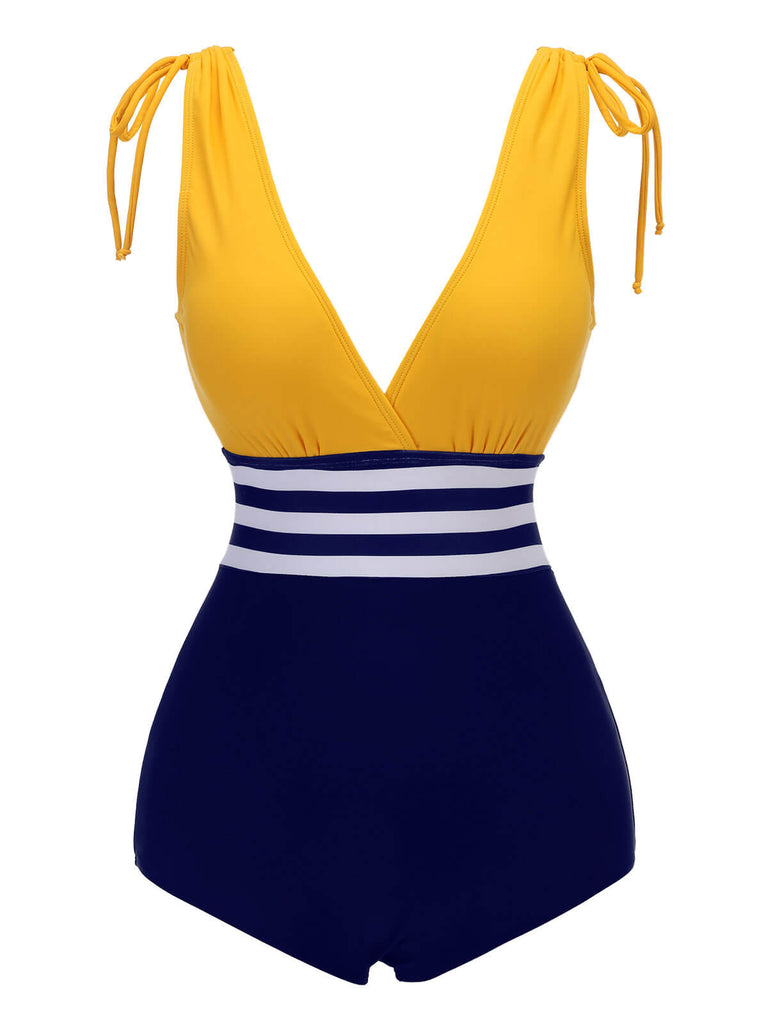 Costume da bagno intero lacci a righe gialle e blu anni '50