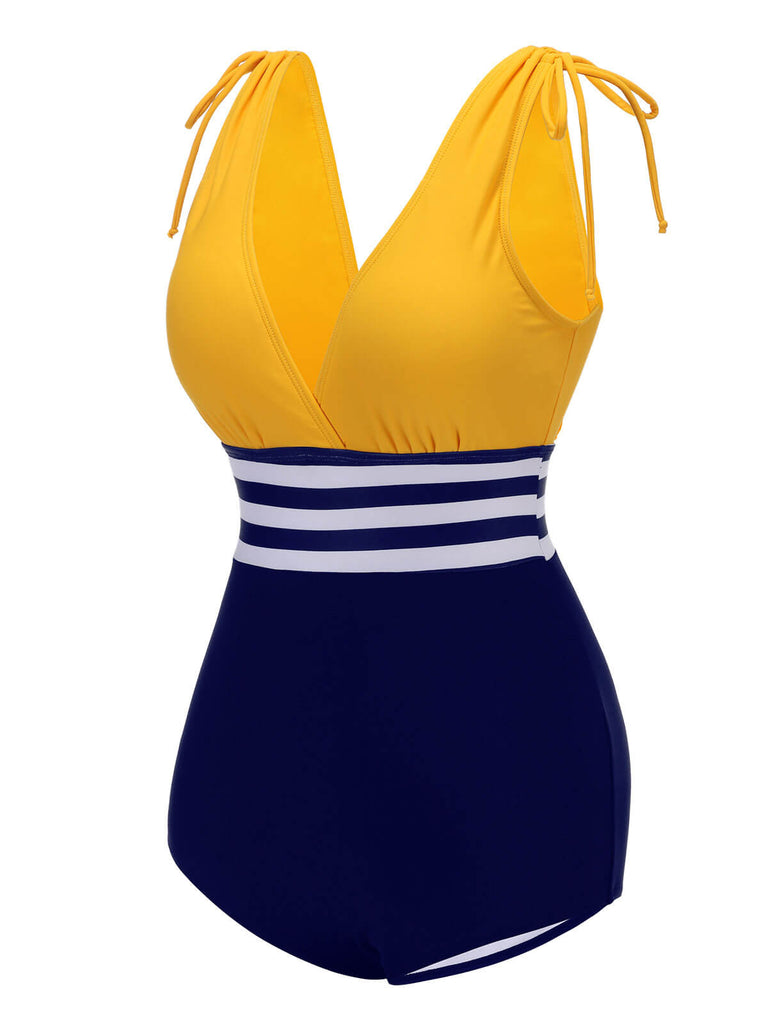 Costume da bagno intero lacci a righe gialle e blu anni '50