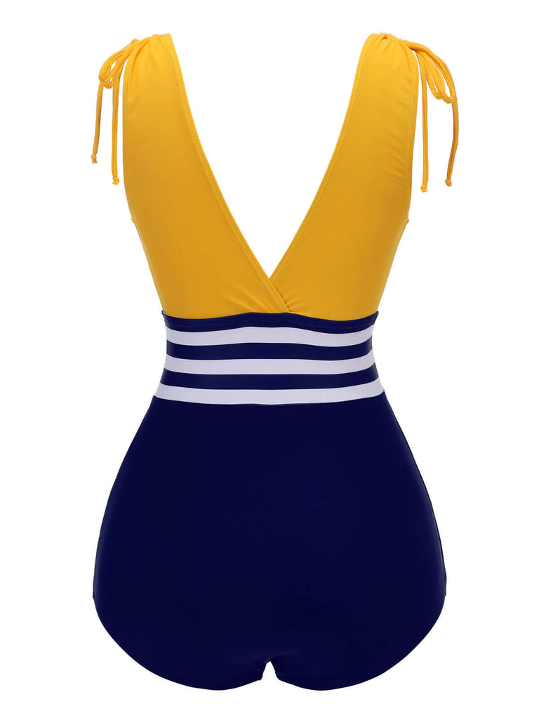 Costume da bagno intero lacci a righe gialle e blu anni '50