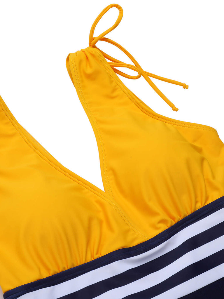 Costume da bagno intero lacci a righe gialle e blu anni '50