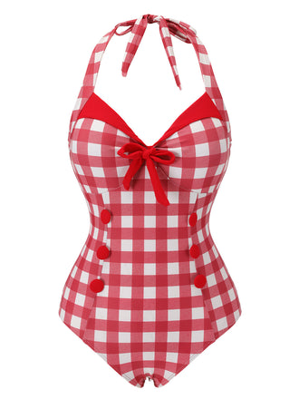 Costumi intero con plaid fiocco lacci rosso anni '50