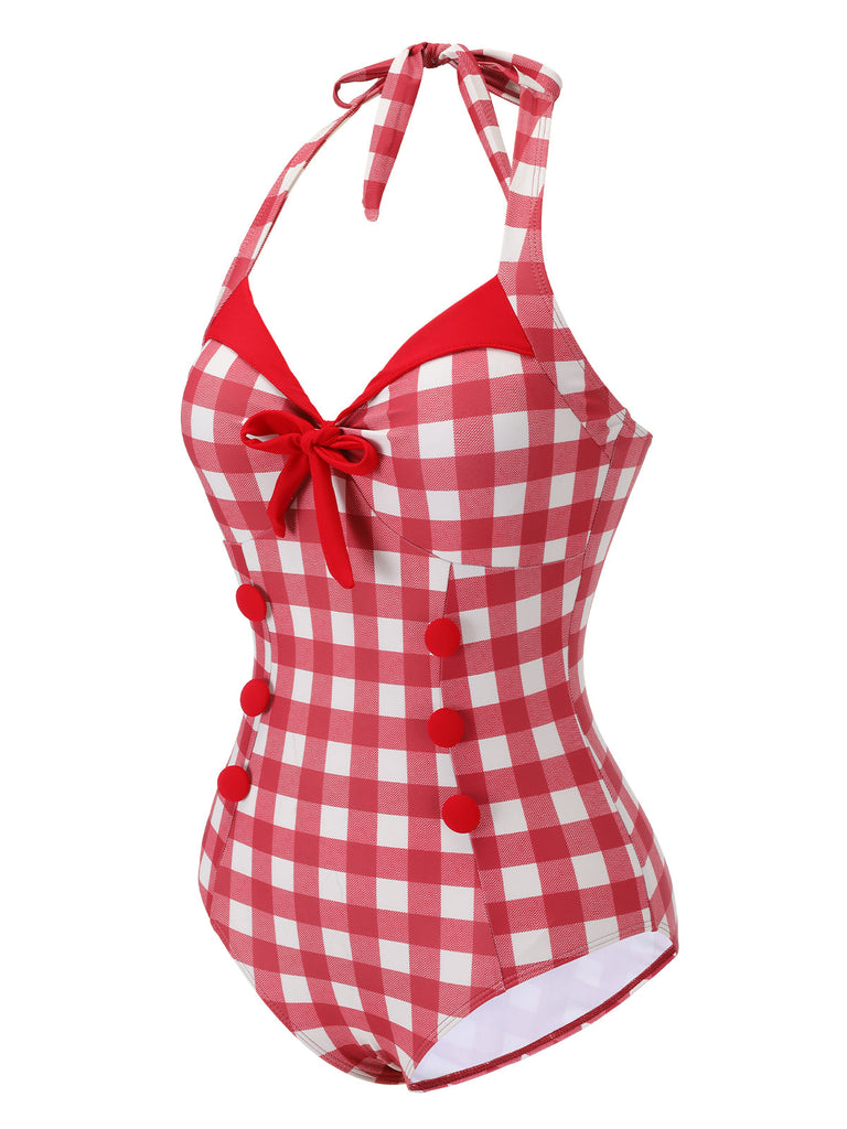 Costumi intero con plaid fiocco lacci rosso anni '50