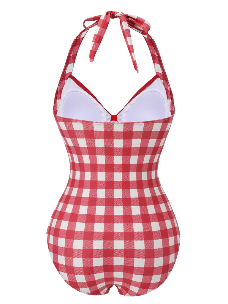 Costumi intero con plaid fiocco lacci rosso anni '50