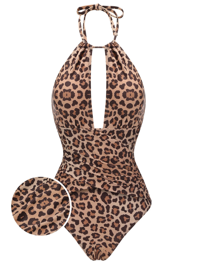 Costumi scollo a V e top a triangolo leopardato marron anni '30