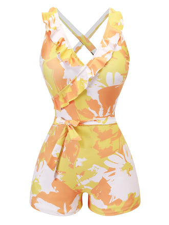 Costumi intero con piante dipinte volant giallo anni '40