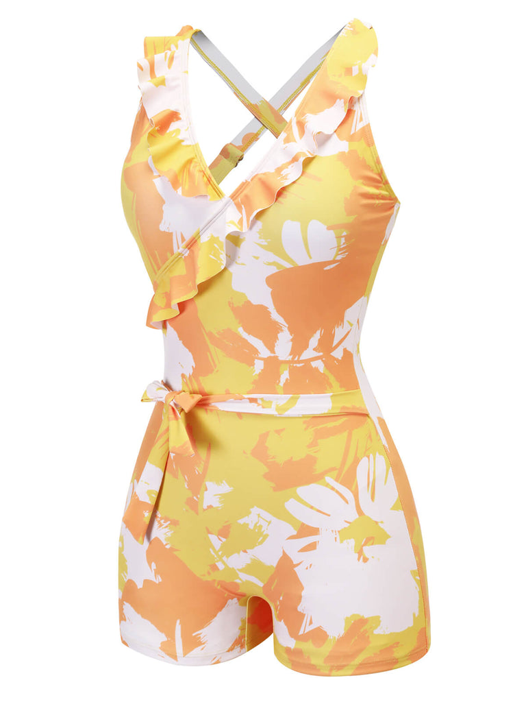 Costumi intero con piante dipinte volant giallo anni '40