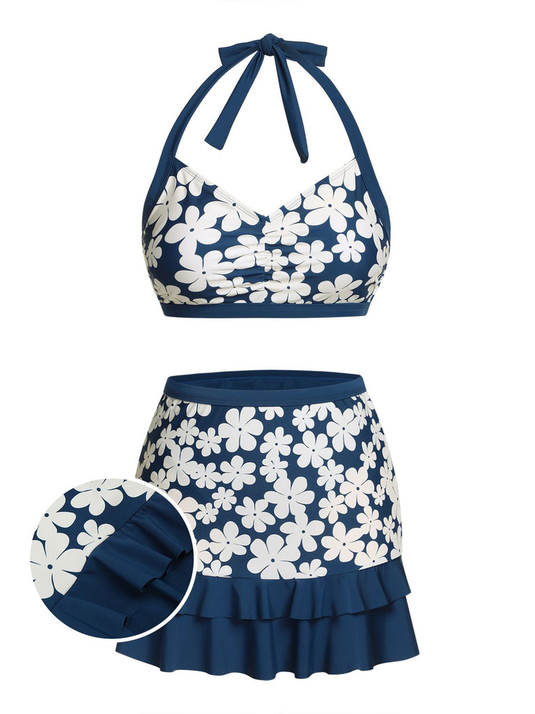 Costumi con floreale volant scollo all'americana blu anni '40