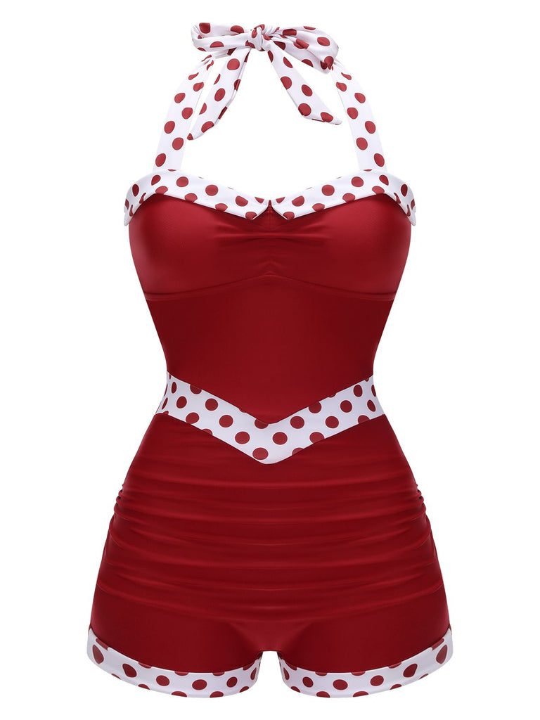 Costumi intero rosso patchwork scollo all'americana anni '40