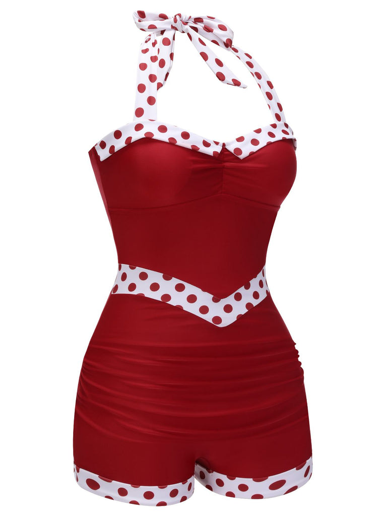 Costumi intero rosso patchwork scollo all'americana anni '40