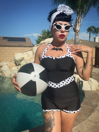 Costumi intero patchwork scollo all'americana nero anni '40