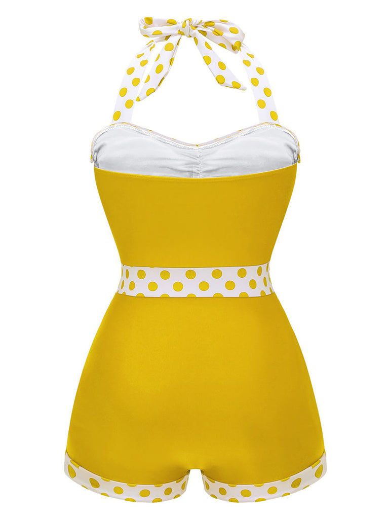 Costumi da bagno intero patchwork a pois blu anni '40