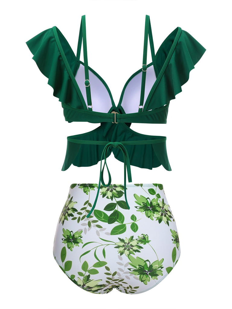 Costumi spalline sottili e volant floreale verde anni '40