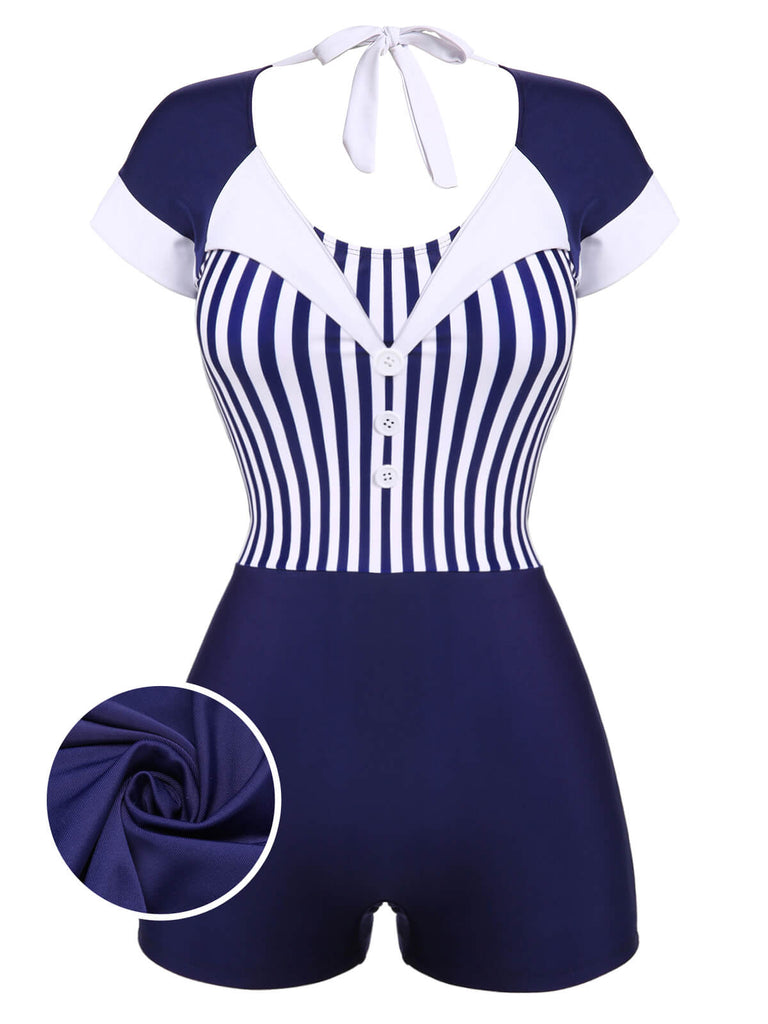 Costumi a righe patchwork blu navy anni '30