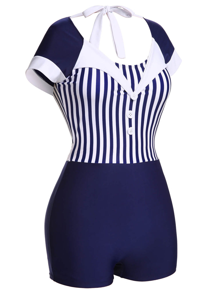 Costumi a righe patchwork blu navy anni '30