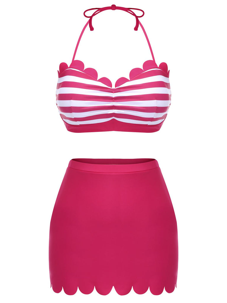 Set Bikini a righe con scollo all'americana rosa anni '60