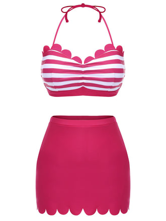 Set Bikini a righe con scollo all'americana rosa anni '60