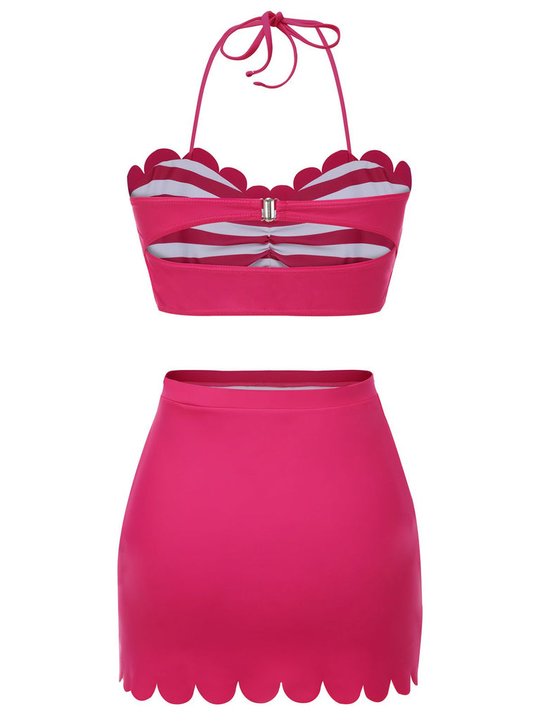 Set Bikini a righe con scollo all'americana rosa anni '60