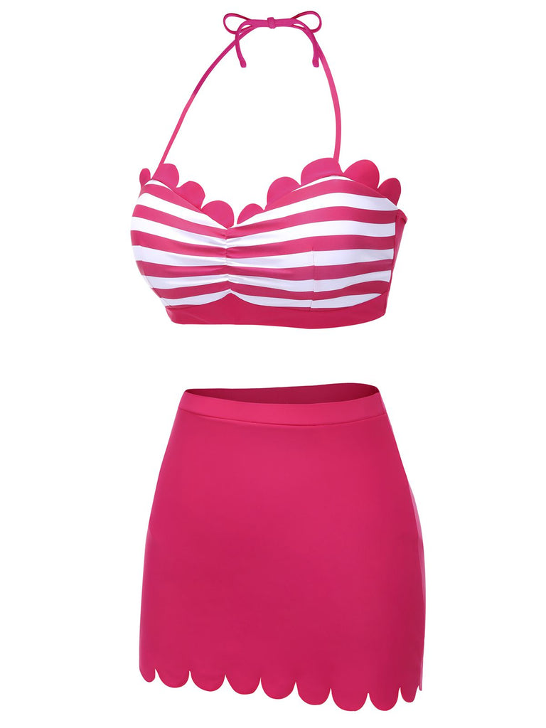 Set Bikini a righe con scollo all'americana rosa anni '60