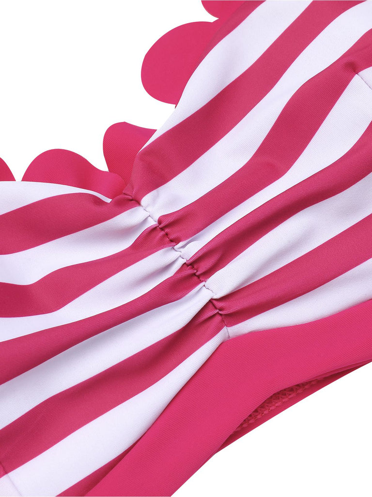 Set Bikini a righe con scollo all'americana rosa anni '60