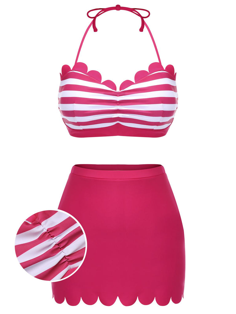 Set Bikini a righe con scollo all'americana rosa anni '60