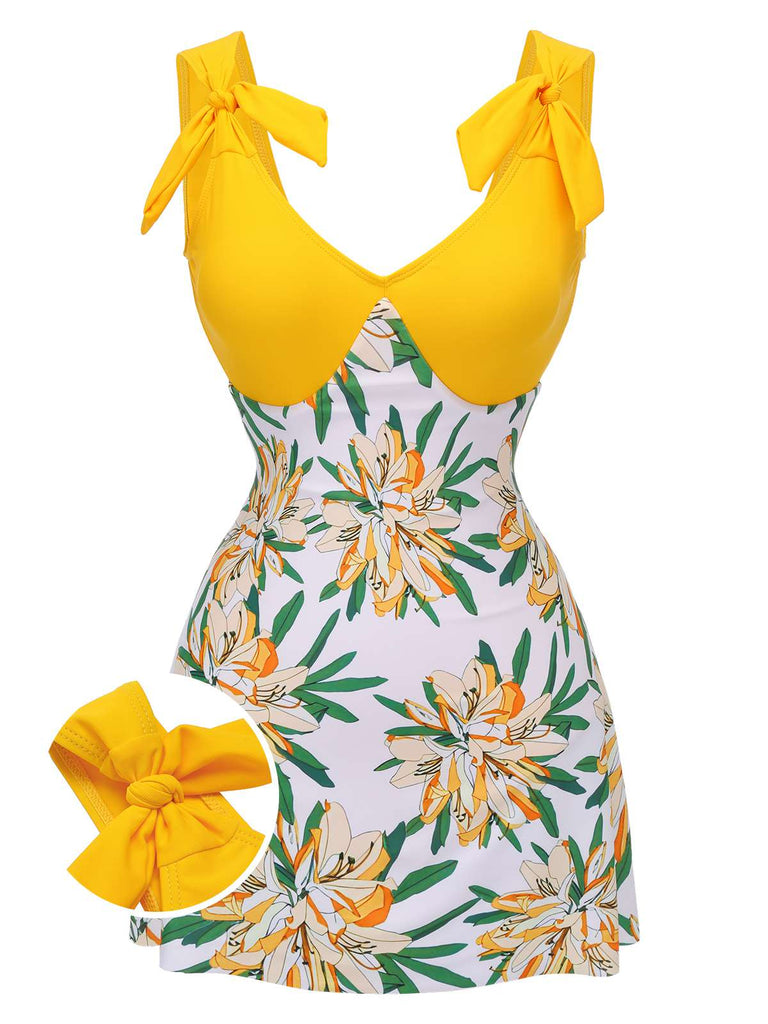 Costumi intero floreale fiocco patchwork giallo anni '40