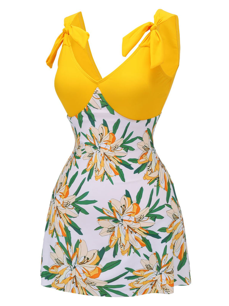 Costumi intero floreale fiocco patchwork giallo anni '40
