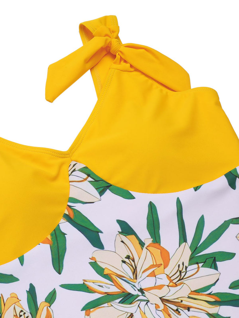 Costumi intero floreale fiocco patchwork giallo anni '40