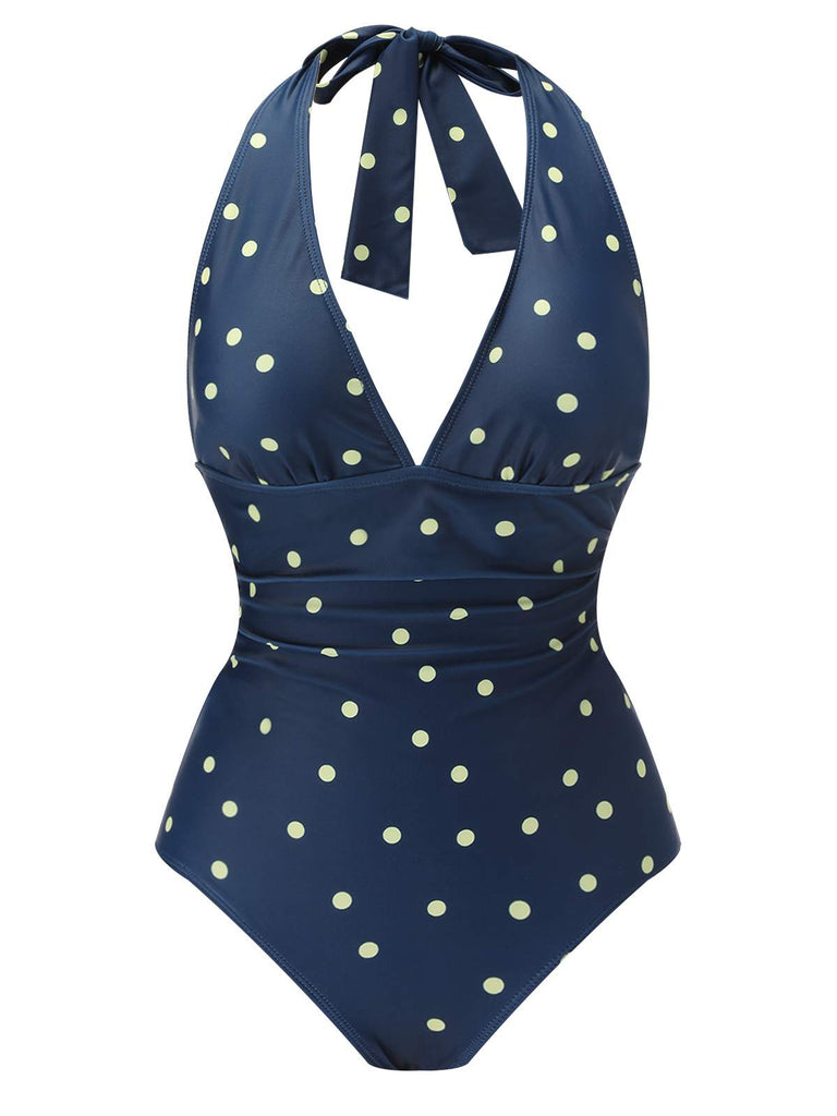 Costumi intero a pois scollo all'americana patchwork blu anni '60