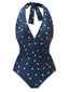 Costumi intero a pois scollo all'americana patchwork blu anni '60