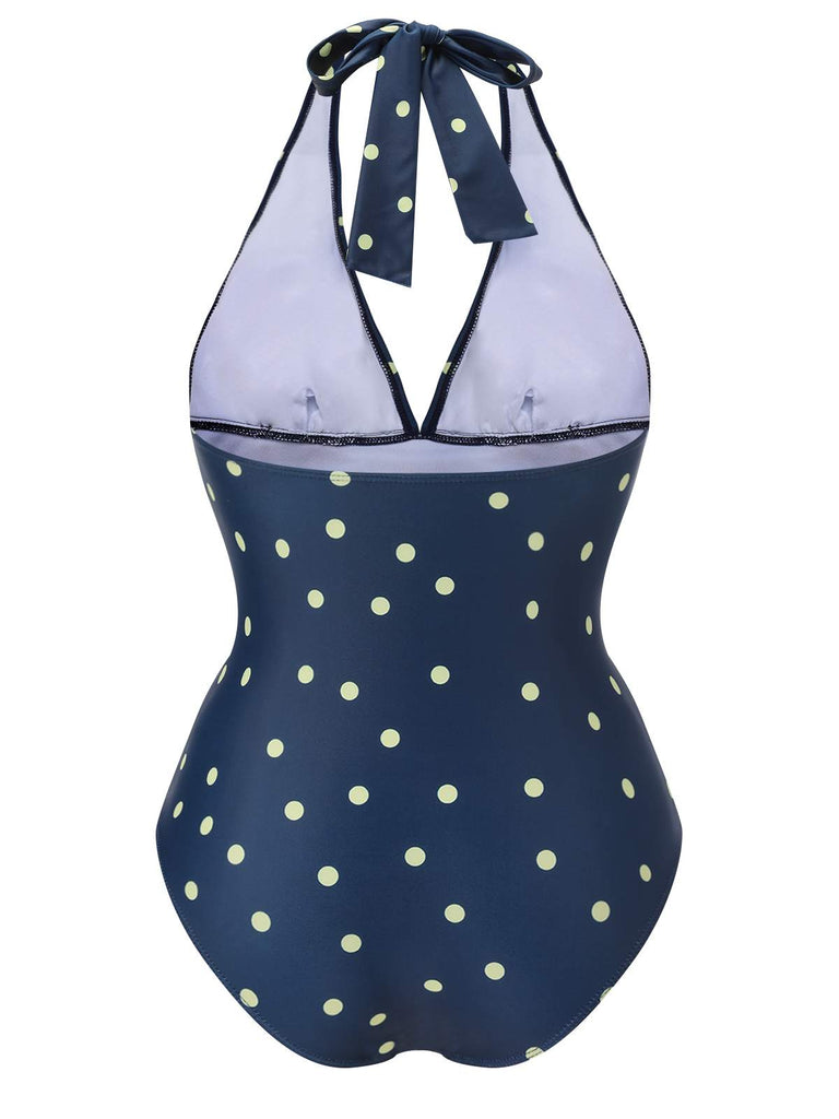 Costumi intero a pois scollo all'americana patchwork blu anni '60