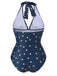 Costumi intero a pois scollo all'americana patchwork blu anni '60