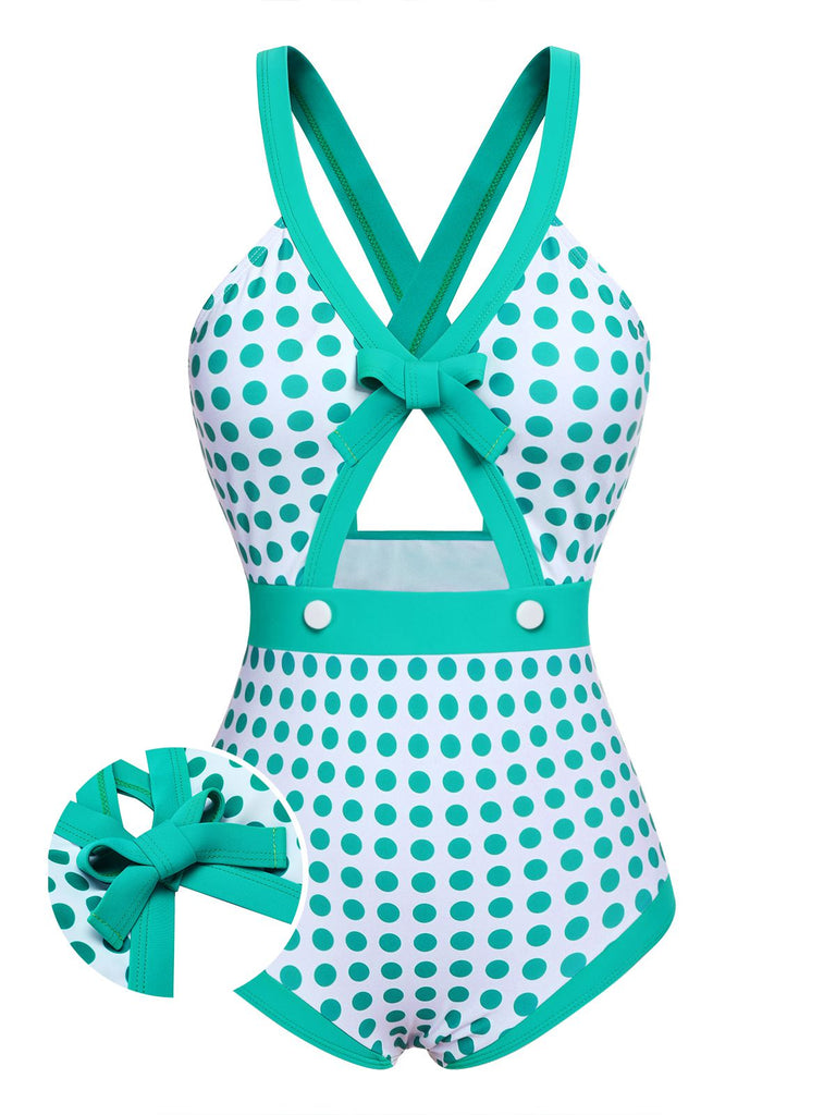 Costumi intero a pois vita cava fiocco verde anni '40