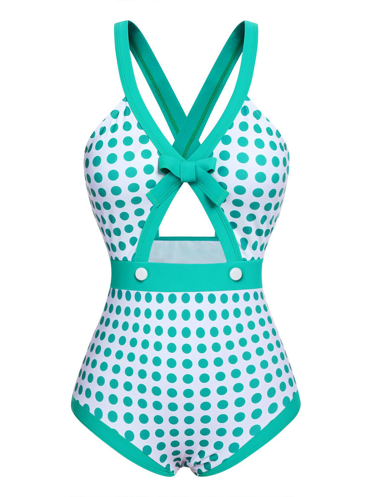 Costumi intero a pois vita cava fiocco verde anni '40