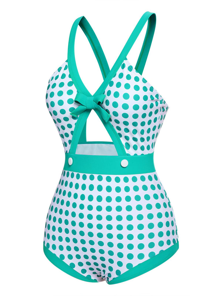 Costumi intero a pois vita cava fiocco verde anni '40