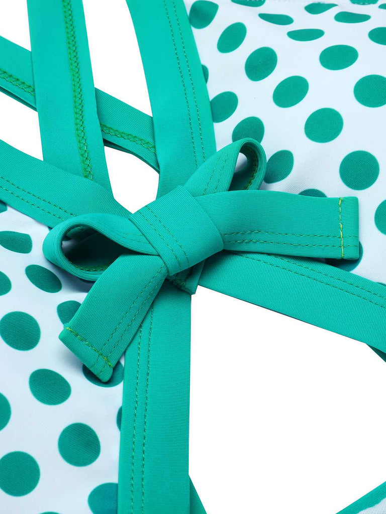 Costumi intero a pois vita cava fiocco verde anni '40