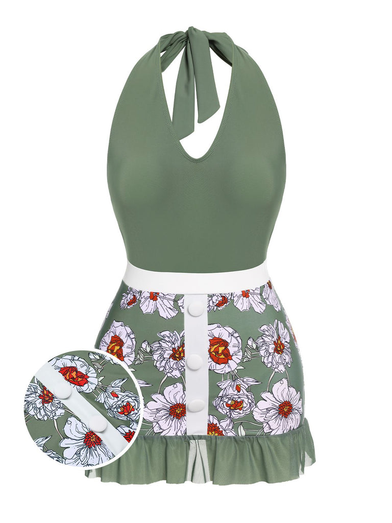 Costumi intero floreale scollo all'americana verde anni '40