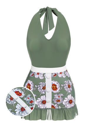Costumi intero floreale scollo all'americana verde anni '40