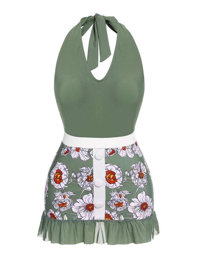 Costumi intero floreale scollo all'americana verde anni '40