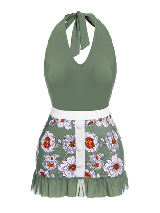 Costumi intero floreale scollo all'americana verde anni '40