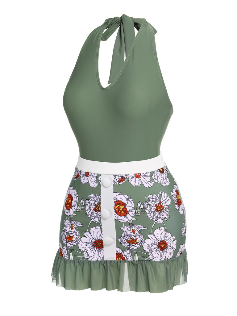 Costumi intero floreale scollo all'americana verde anni '40