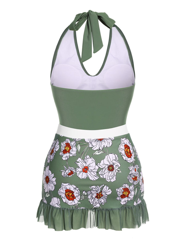 Costumi intero floreale scollo all'americana verde anni '40