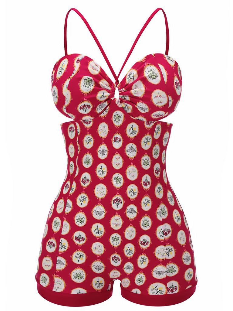 Costumi intero stampa floreale con spalline rosso anni '50