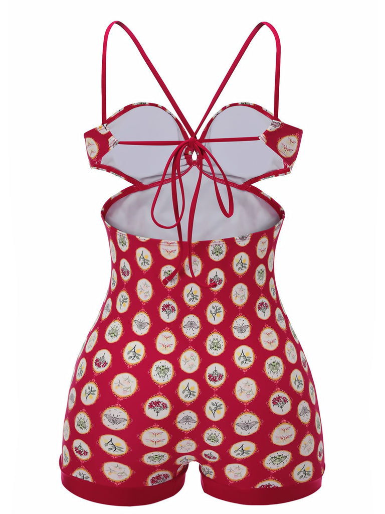 Costumi intero stampa floreale con spalline rosso anni '50