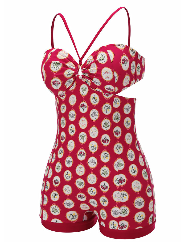 Costumi intero stampa floreale con spalline rosso anni '50