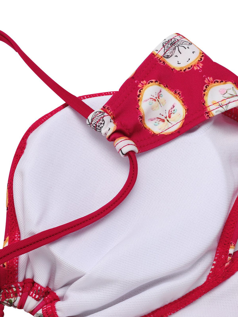 Costumi intero stampa floreale con spalline rosso anni '50