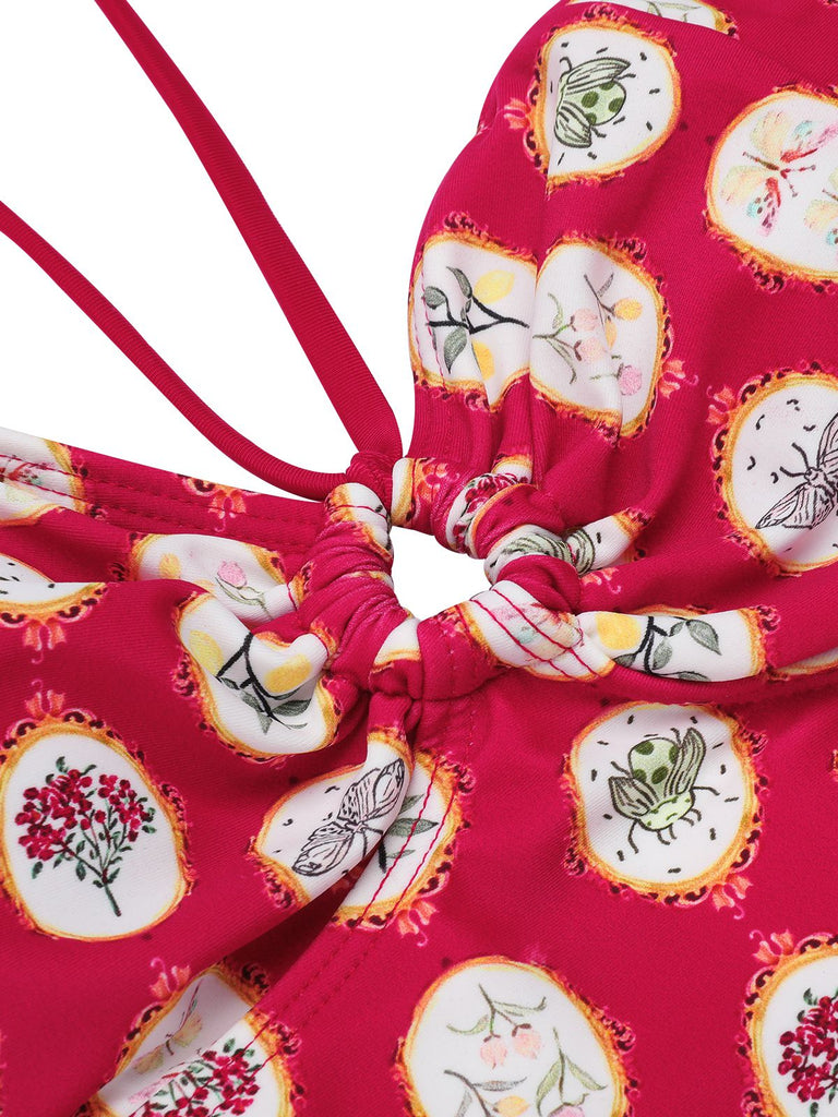 Costumi intero stampa floreale con spalline rosso anni '50