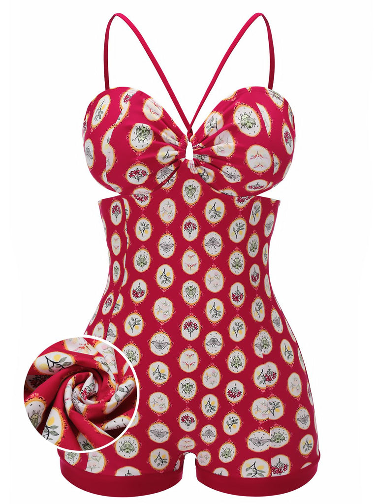Costumi intero stampa floreale con spalline rosso anni '50