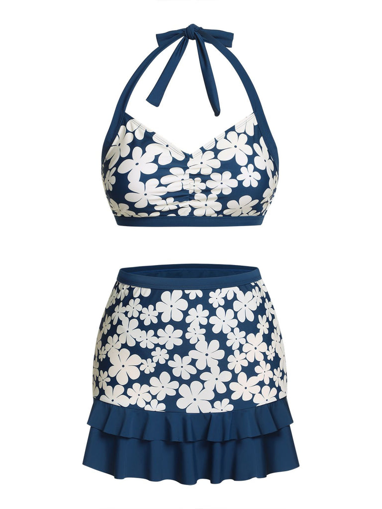 Costumi con floreale volant scollo all'americana blu anni '40